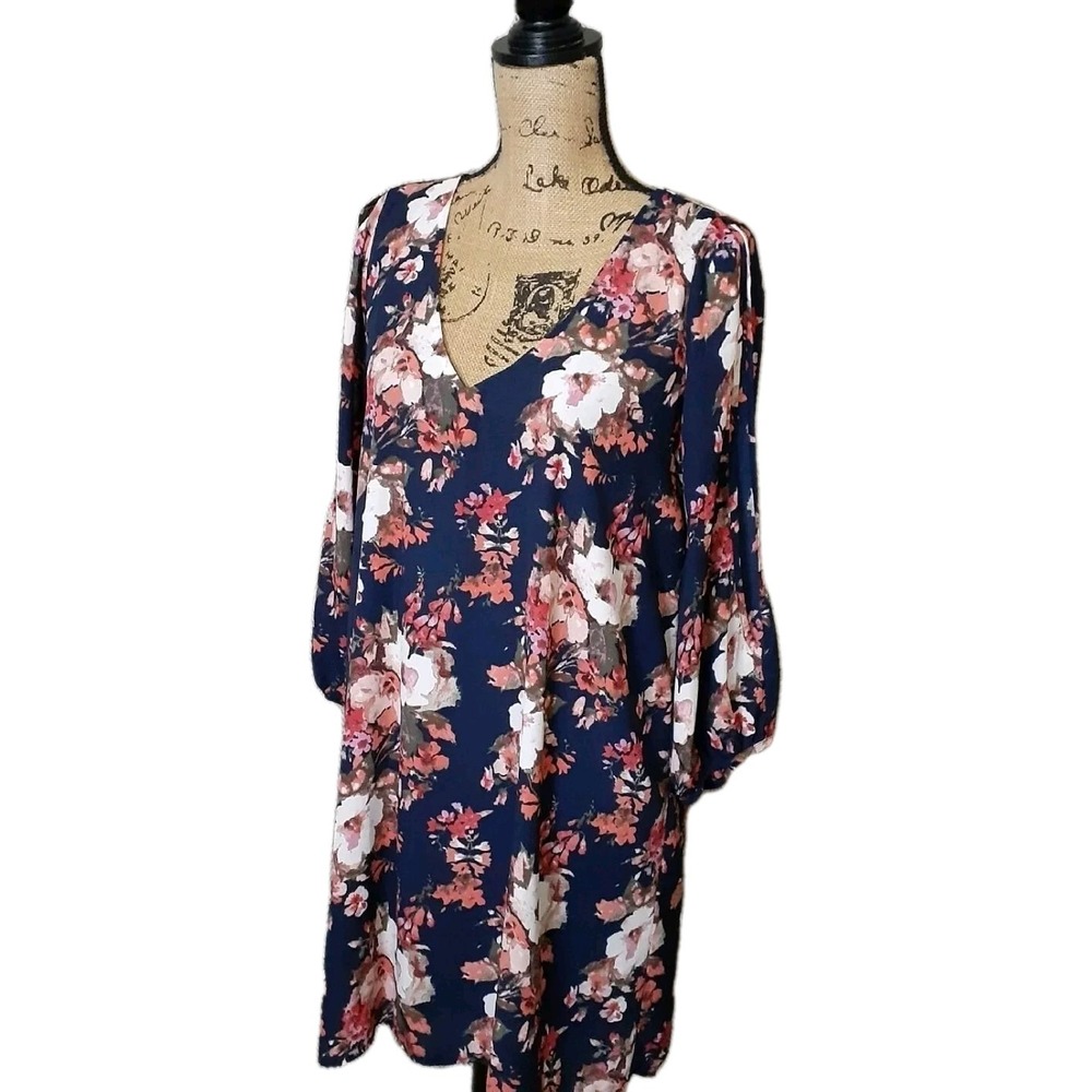 Lulus Women's Navy Blue Multi Floral Print Slit Sleeve Dress, Size Medium